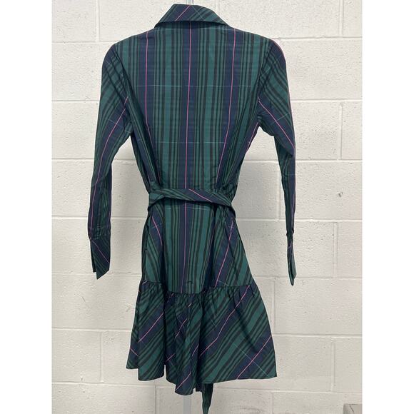 NWT Vineyard Vines 8 Green Plaid Taffeta Tie-Waist Long Sleeve Mini Shirt Dress - Picture 4 of 5